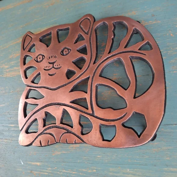 Vintage Cat Hot Pad Trivet Copper Kitchen Decor Pot Holder - Picture 10 of 16